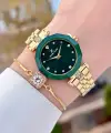 Kadranı Yeşil Kordonu Gold Renk Kadın Kol Saati ve Bileklik
