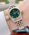 Kadranı Yeşil Kordonu Gold Gümüş Renk 28 mm Kristal Cam Kadın Kol Saati ve Bileklik