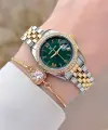Kadranı Yeşil Kordonu Gold Gümüş Renk 28 mm Kristal Cam Kadın Kol Saati ve Bileklik