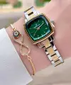 Kadranı Yeşil Gold Gümüş Renk Hediye Paketli Kadın Kol Saati Ve Bileklik