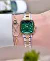 Kadranı Yeşil Gold Gümüş Renk Hediye Paketli Kadın Kol Saati Ve Bileklik