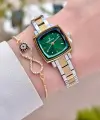 Kadranı Yeşil Gold Gümüş Renk Hediye Paketli Kadın Kol Saati Ve Bileklik