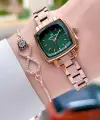 Kadranı Yeşil Kordonu Rose Renk Kadın Kol Saati Ve Bileklik