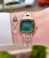 Kadranı Yeşil Kordonu Rose Renk Kadın Kol Saati Ve Bileklik