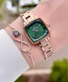 Kadranı Yeşil Kordonu Rose Renk Kadın Kol Saati Ve Bileklik