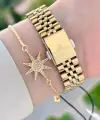 Gold Renk Hediye Paketli Kadın Kol Saati + Bileklik