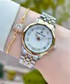 Gold Gümüş Renk Kesme Camlı Kadın Kol Saati ve Bileklik
