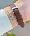 Kasası Gold Gümüş Kordonu Kahverengi Renk Deri Kordon Kadın Kol Saati Ve Bileklik