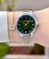 Kadranı Yeşil Kordonu Gold Gümüş Renk Kadın Kol Saati ve Bileklik