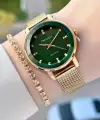 Kadranı Yeşil Kordonu Gold Renk Kadın Kol Saati ve Bileklik