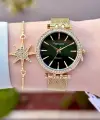 Kadranı Yeşil Kordonu Gold Renk Kadın Kol Saati ve Bileklik