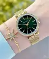 Kadranı Yeşil Kordonu Gold Renk Kadın Kol Saati ve Bileklik