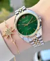 Kadranı Yeşil Kordonu Gold Gümüş Renk Kadın Kol Saati ve Bileklik