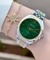 Kadranı Yeşil Kordonu Gold Gümüş Renk Kadın Kol Saati ve Bileklik
