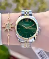 Kadranı Yeşil Kordonu Gold Gümüş Renk Kadın Kol Saati ve Bileklik