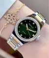 Kadranı Yeşil Kordonu Gold Gümüş Renk Kadın Kol Saati ve Bileklik