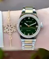 Kadranı Yeşil Kordonu Gold Gümüş Renk Kadın Kol Saati ve Bileklik