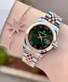 Kadranı Yeşil Kordonu Rose Gümüş Renk Hediye Paketli Kadın Kol Saati + Bileklik