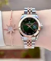 Kadranı Yeşil Kordonu Rose Gümüş Renk Hediye Paketli Kadın Kol Saati + Bileklik