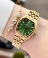 Kadranı Yeşil Kordonu Gold Renk Kadın Kol Saati ve Bileklik