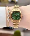 Kadranı Yeşil Kordonu Gold Renk Kadın Kol Saati ve Bileklik