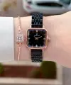 Kasası Rose Kordonu Siyah Renk 24 Mm Kadın Kol Saati ve Bileklik