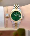 Kadranı Yeşil Kordonu Gold Gümüş Renk 28 Mm Kadın Kol Saati ve Bileklik