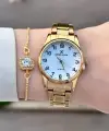Gold Renk Rakamlı Kadın Kol Saati ve Bileklik