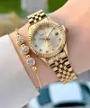 Gold Renk Takvimli 25 Mm Kadın Kol Saati ve Bileklik