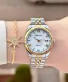 Gold Gümüş Renk Takvimli 35 Mm Kadın Kol Saati ve Bileklik