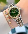 Kadranı Yeşil Kordonu Gold Gümüş Renk Takvimli 25 Mm Kadın Kol Saati ve Bileklik