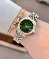 Kadranı Yeşil Kordonu Gold Gümüş Renk Takvimli 25 Mm Kadın Kol Saati ve Bileklik
