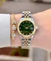 Kadranı Yeşil Kordonu Gold Gümüş Renk Takvimli 25 Mm Kadın Kol Saati ve Bileklik
