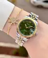 Kadranı Yeşil Kordonu Gold Gümüş Renk Takvimli 35 Mm Kadın Kol Saati ve Bileklik