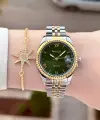 Kadranı Yeşil Kordonu Gold Gümüş Renk Takvimli 35 Mm Kadın Kol Saati ve Bileklik