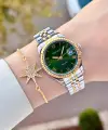 Kadranı Yeşil Kordonu Gold Gümüş Renk Takvimli 35 Mm Kadın Kol Saati ve Bileklik