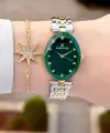 Kadranı Yeşil Kordonu Gold Gümüş Renk Kadın Kol Saati ve Bileklik