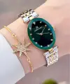 Kadranı Yeşil Kordonu Gold Gümüş Renk Kadın Kol Saati ve Bileklik