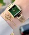 Kadranı Yeşil Kordonu Gold Renk Kadın Kol Saati ve Bileklik