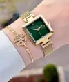 Kadranı Yeşil Kordonu Gold Renk Kadın Kol Saati ve Bileklik