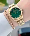 Kadranı Yeşil Kordonu Gold Renk 32 Mm Takvimli Kadın Kol Saati ve Bileklik