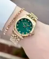 Kadranı Yeşil Kordonu Gold Renk 32 Mm Takvimli Kadın Kol Saati ve Bileklik