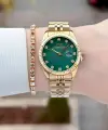 Kadranı Yeşil Kordonu Gold Renk 32 Mm Takvimli Kadın Kol Saati ve Bileklik