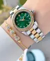 Kadranı Yeşil Kordonu Gold Gümüş Renk 30 Mm Kadın Kol Saati ve Bileklik