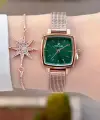 Kadranı Yeşil Kordonu Rose Renk Hediye Paketli Kadın Kol Saati ve Bileklik