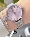 Kadranı Pembe Kordonu Gümüş Renk Kadın Kol Saati ve Bileklik