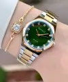 Kadranı Yeşil Gold Gümüş Renk 30 Mm Kadın Kol Saati ve Bileklik