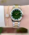 Kadranı Yeşil Gold Gümüş Renk 30 Mm Kadın Kol Saati ve Bileklik