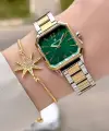 Kadranı Yeşil Kordonu Gold Gümüş Renk 26 mm Kadın Kol Saati ve Bileklik