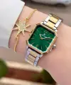 Kadranı Yeşil Kordonu Gold Gümüş Renk 26 mm Kadın Kol Saati ve Bileklik